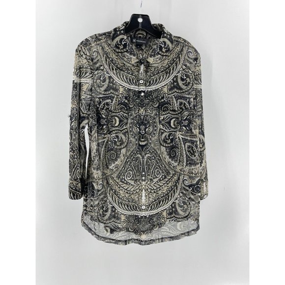 INC Black Paisley Long Sleeve Rhinestone Buttons Sheer Collared Top Shirt XL - Picture 2 of 14